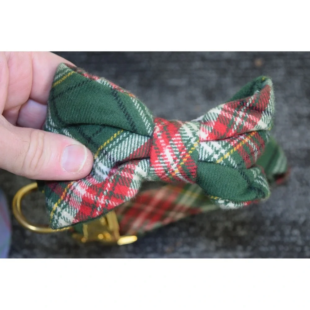 4 The Foggy Dog SF Collars LARGE Plaid Flannel Dots 2 Bow Ties Gold Hardware